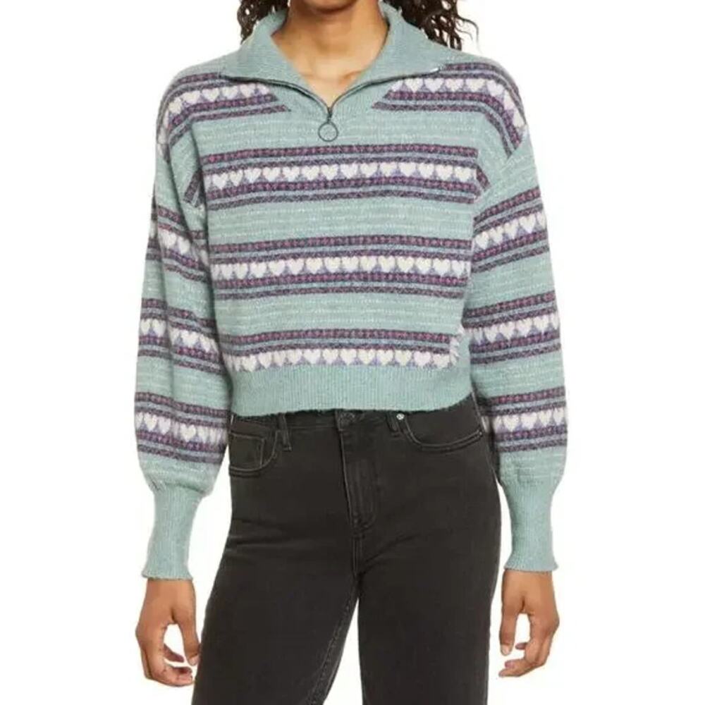 BP Cropped Sweater Nordic Heart Fair Isle Quarter Zip Balloon Sleeve Chunky Knit